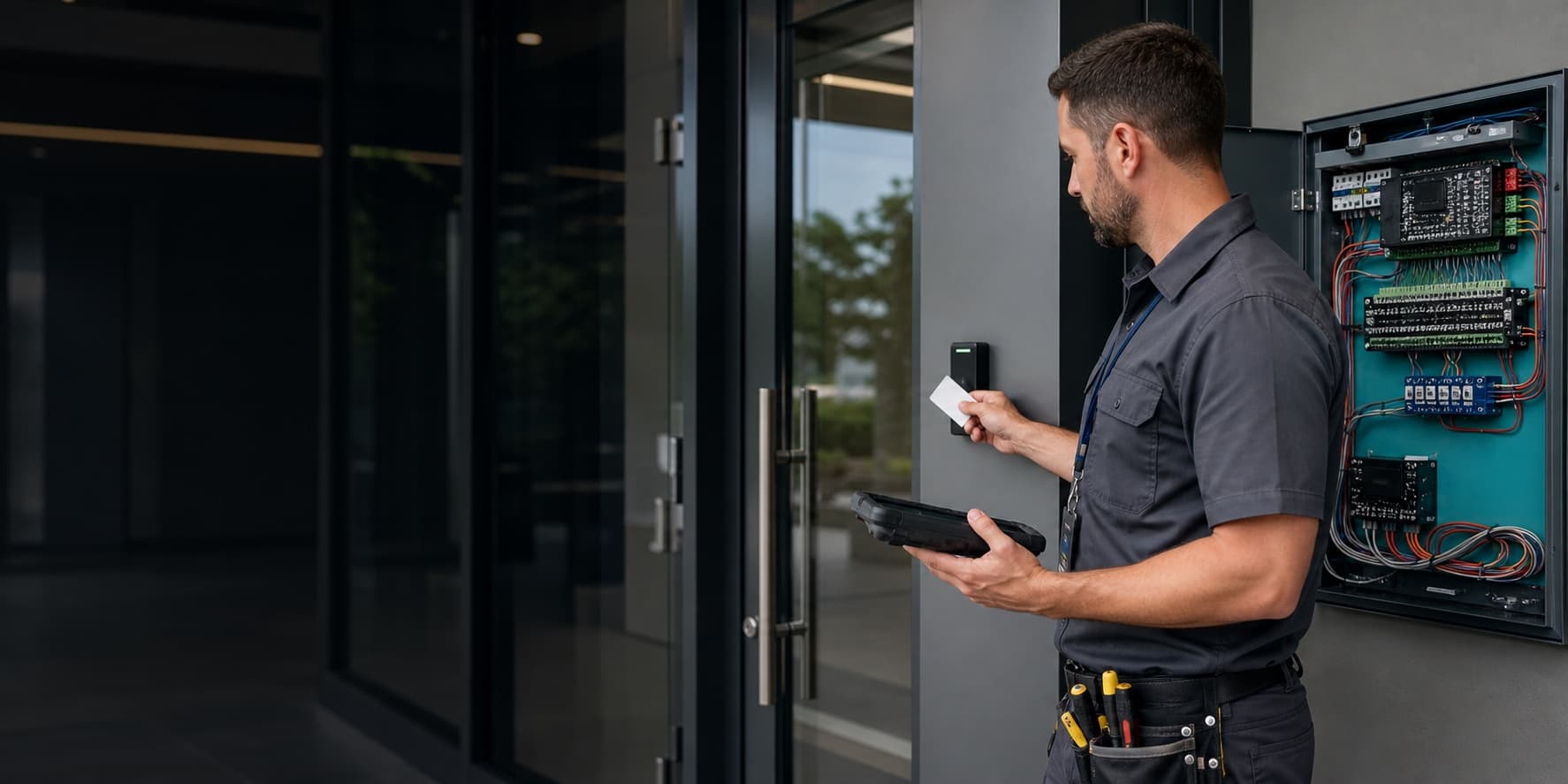 Access control technician testing a card reader beside an open control panel