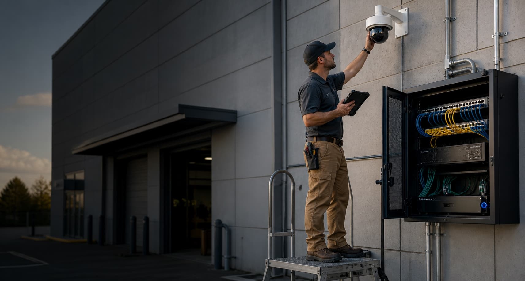 Security technician servicing a commercial camera beside network and recording equipment