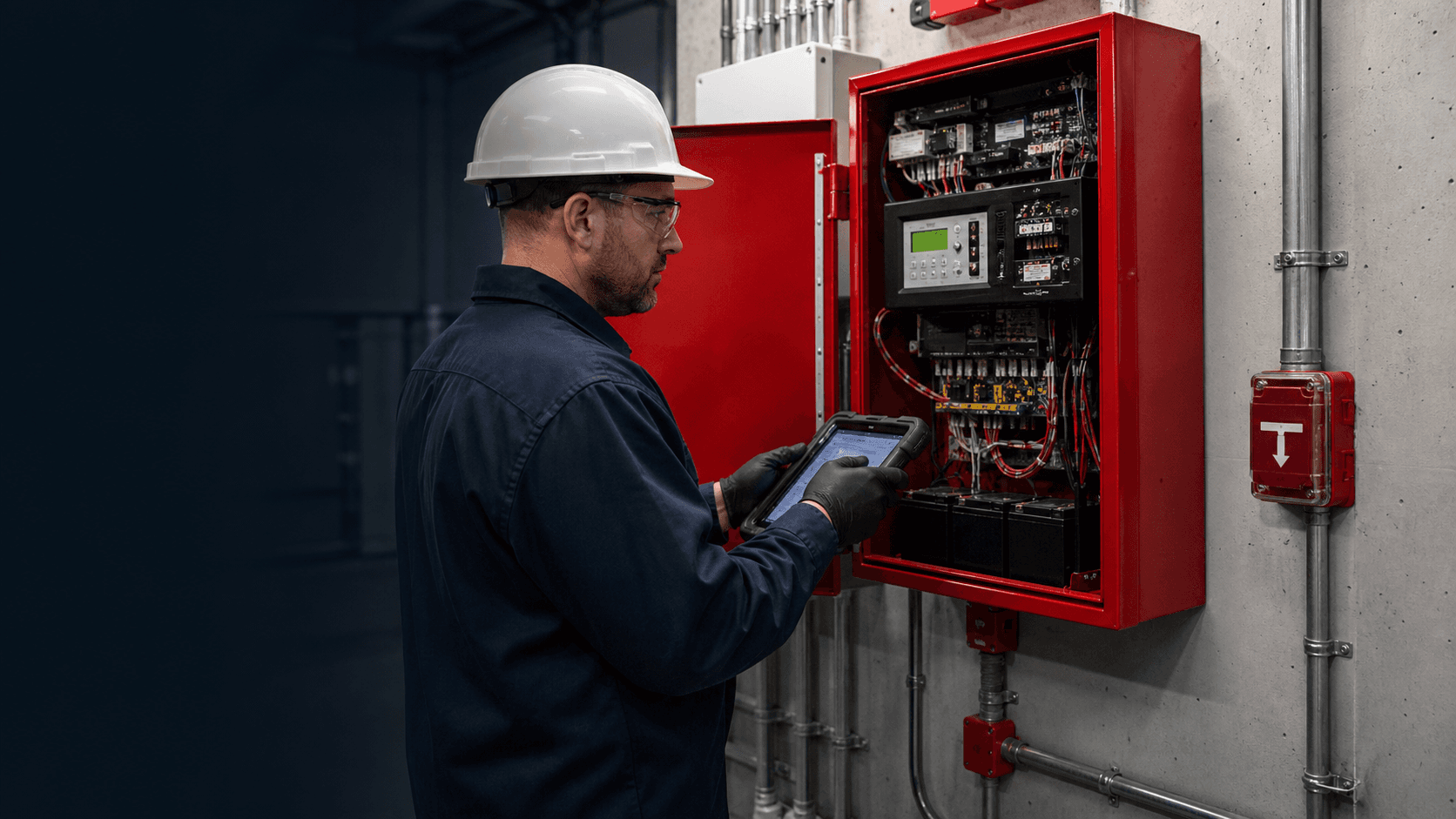 Fire alarm technician reviewing an open control panel with a field tablet
