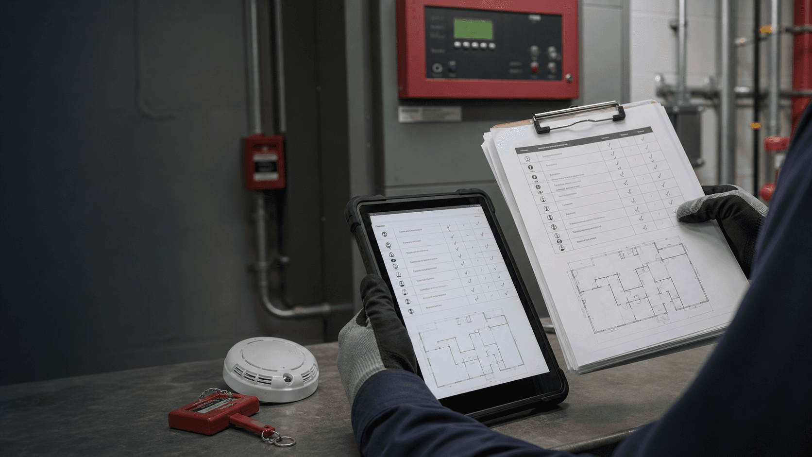 Technician comparing a fire alarm inspection report with a rugged field tablet