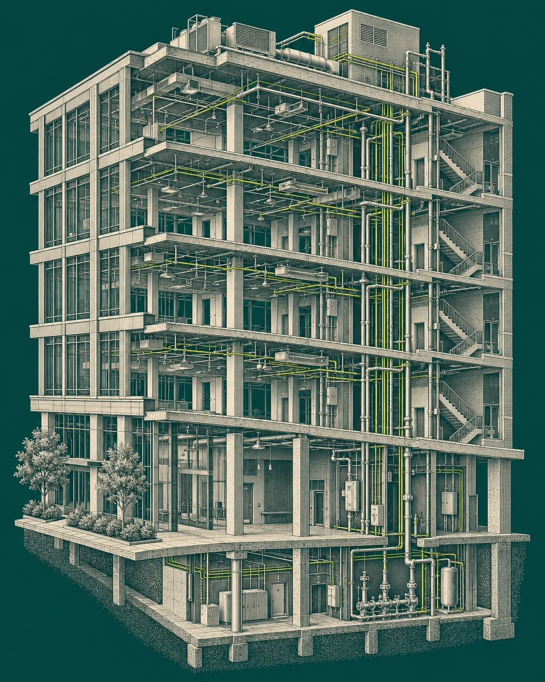 Architectural illustration of a commercial building cutaway, with connected fire and security systems running through its floors